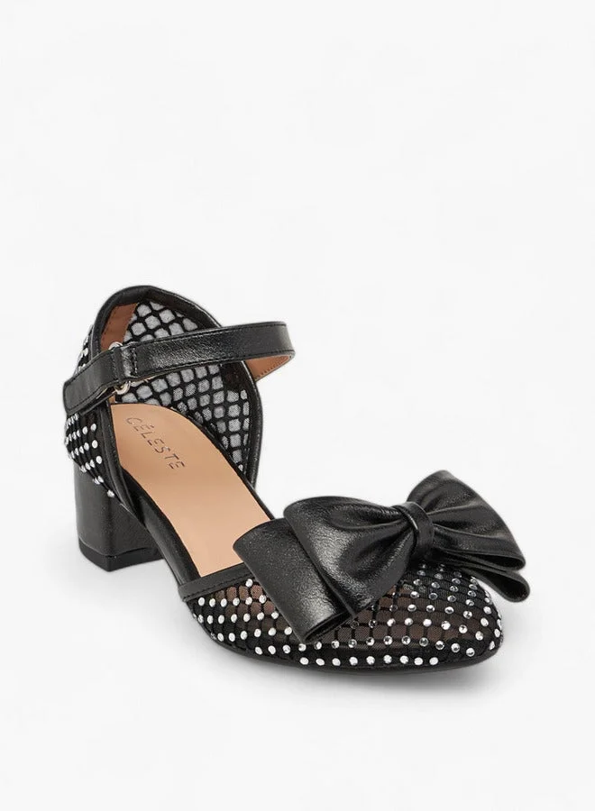 Celeste Girls Bow Accent Block Heel Shoes with Hook and Loop Closure