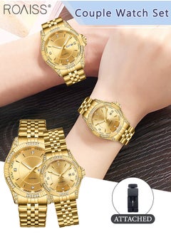 roaiss Men's and Women's Fashion Business Couple Gold Watch, Analog Display Round Dial, Luminous Waterproof Stainless Steel Couple Wristwatch, Wedding Romantic Gift 2pcs Set  - Image 1