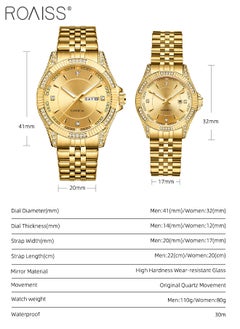 roaiss Men's and Women's Fashion Business Couple Gold Watch, Analog Display Round Dial, Luminous Waterproof Stainless Steel Couple Wristwatch, Wedding Romantic Gift 2pcs Set  - Image 3