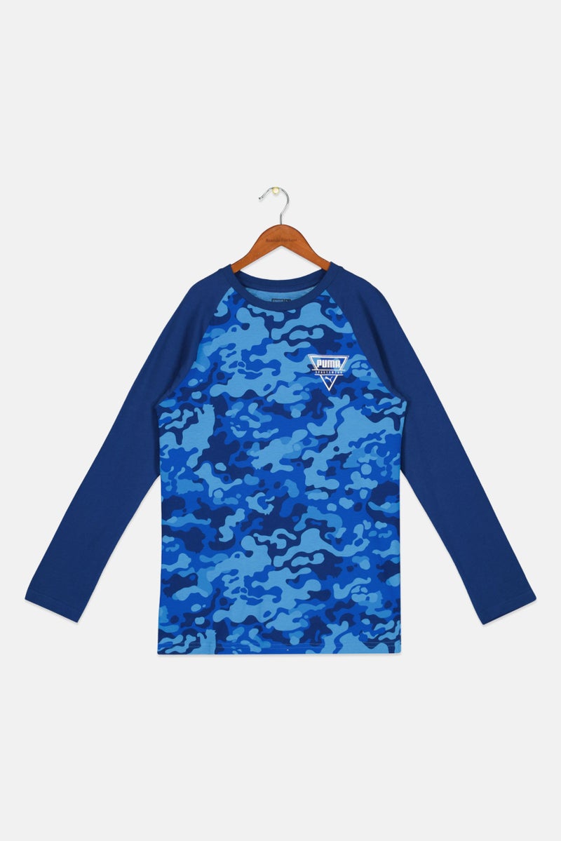 PUMA تي شيرت أولاد بأكمام طويلة بتصميم تمويه، أزرق - Image 1