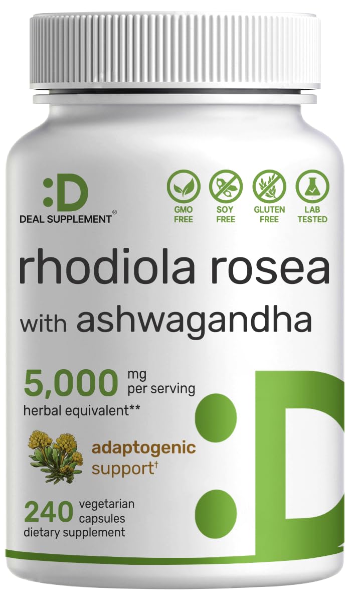 DEAL SUPPLEMENT Rhodiola Rosea with Ashwagandha 5000mg Per Serving 240 Veggie Capsules Max Strength 101 Root Extract Adaptogenic Supplements for Relaxation Energy Brain Health NonGMO