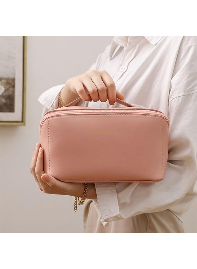 Leather Travel Makeup & Toiletry Bag, Large Capacity Organizer for Cosmetics, Open Flat Design Multicolour - Image 5