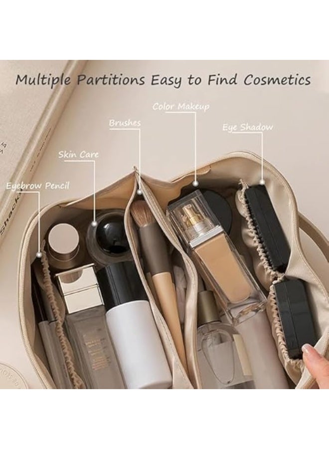 Leather Travel Makeup & Toiletry Bag, Large Capacity Organizer for Cosmetics, Open Flat Design Multicolour - Image 3