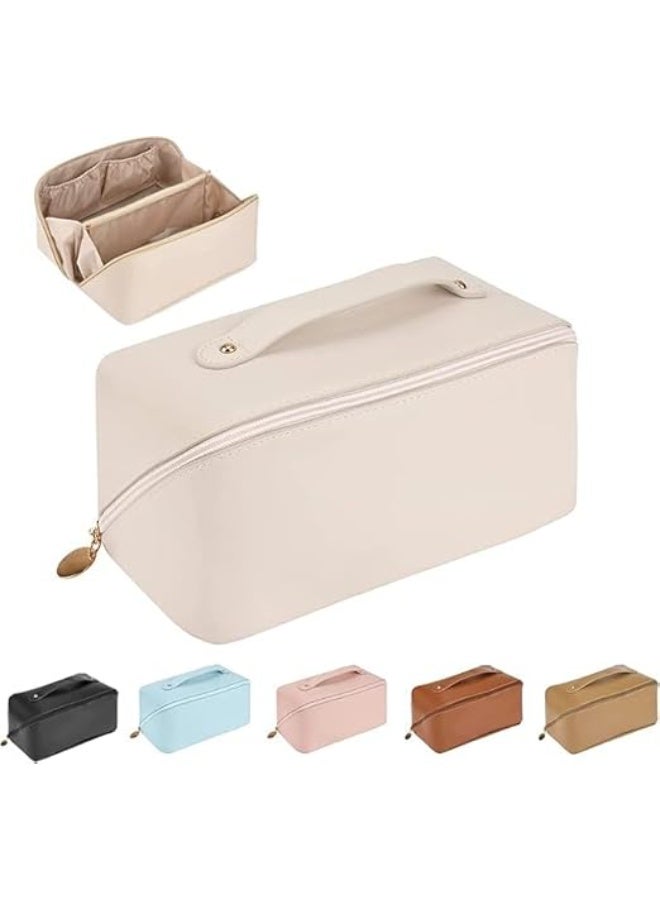 Leather Travel Makeup & Toiletry Bag, Large Capacity Organizer for Cosmetics, Open Flat Design Multicolour - Image 1