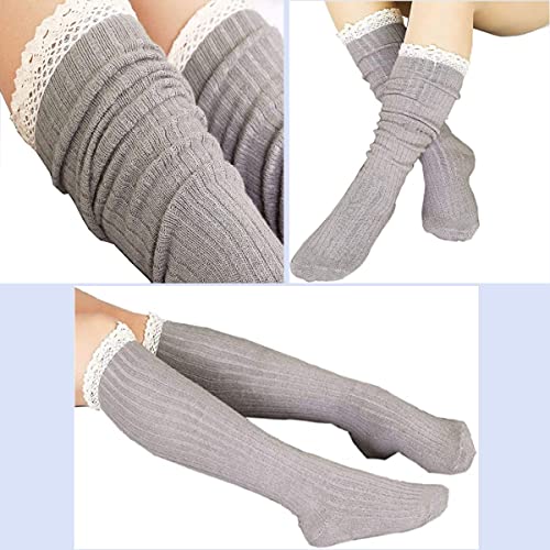 Gellwhu 4 Pack Women Cotton Knit Boot Socks Knee High Socks Stockings with Lace Trim, Free size, Beige Black Coffee Green - Image 3