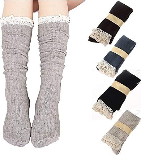 Gellwhu 4 Pack Women Cotton Knit Boot Socks Knee High Socks Stockings with Lace Trim, Free size, Beige Black Coffee Green - Image 2