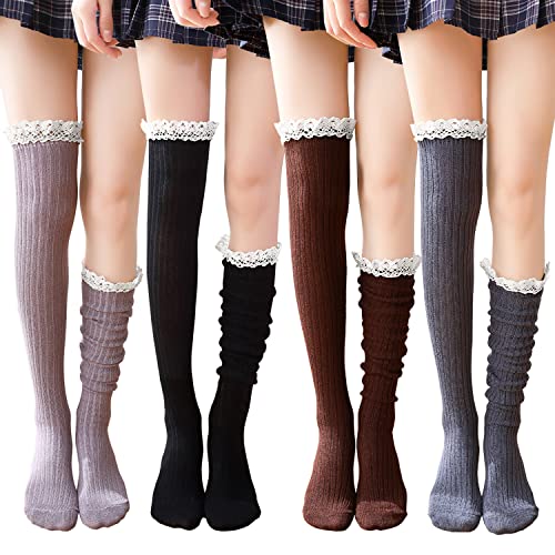 Gellwhu 4 Pack Women Cotton Knit Boot Socks Knee High Socks Stockings with Lace Trim, Free size, Beige Black Coffee Green - Image 1