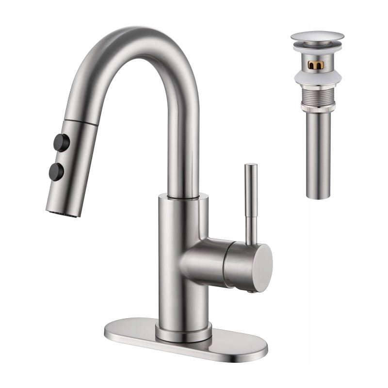 Kablle Bathroom Sink Faucet with Pull Down Sprayer, Brushed Nickel Single Handle Pull Out Faucet with Pop-Up Drain, 1 or 3 Hole Laundry Bar Basin Faucet with Deck Plate, KBL-7002BN-CL - Image 1