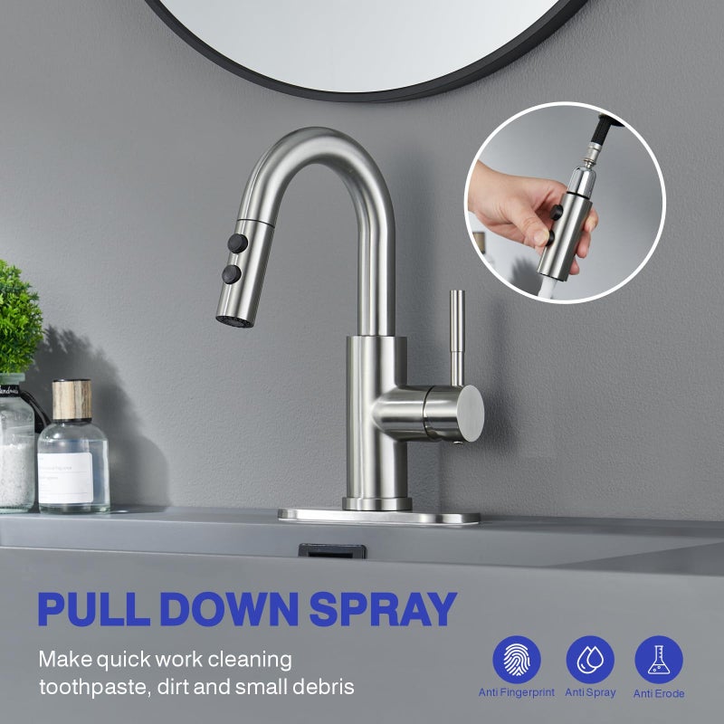 Kablle Bathroom Sink Faucet with Pull Down Sprayer, Brushed Nickel Single Handle Pull Out Faucet with Pop-Up Drain, 1 or 3 Hole Laundry Bar Basin Faucet with Deck Plate, KBL-7002BN-CL - Image 2