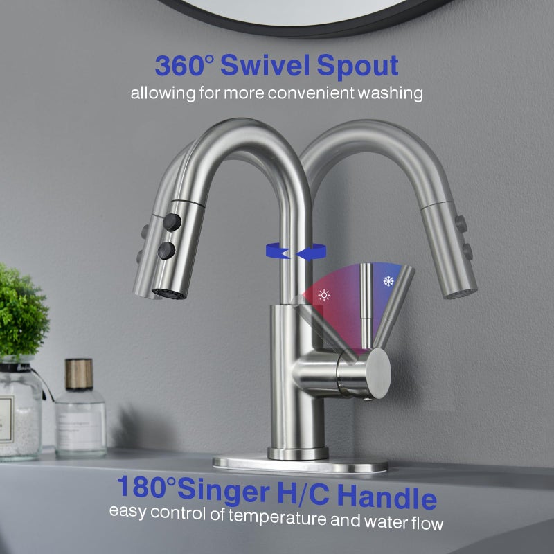 Kablle Bathroom Sink Faucet with Pull Down Sprayer, Brushed Nickel Single Handle Pull Out Faucet with Pop-Up Drain, 1 or 3 Hole Laundry Bar Basin Faucet with Deck Plate, KBL-7002BN-CL - Image 3