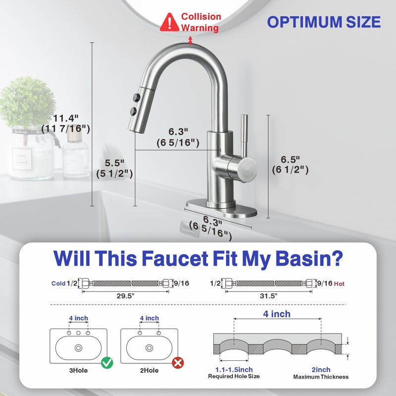 Kablle Bathroom Sink Faucet with Pull Down Sprayer, Brushed Nickel Single Handle Pull Out Faucet with Pop-Up Drain, 1 or 3 Hole Laundry Bar Basin Faucet with Deck Plate, KBL-7002BN-CL - Image 5