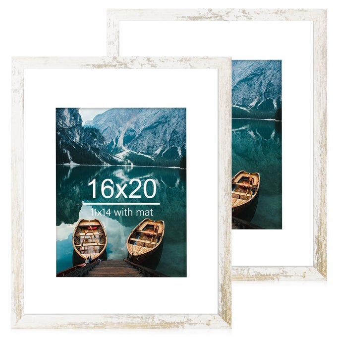 16X20 FRAMES SET OF 2 DISTRESSED WHITE WOOD STYLE DISPLAY 16 X 20 PICTURE WITHOUT MAT OR 11X14 PICTURE WITH MAT WALL MOUNTING HORIZONTAL AND VERTICAL
