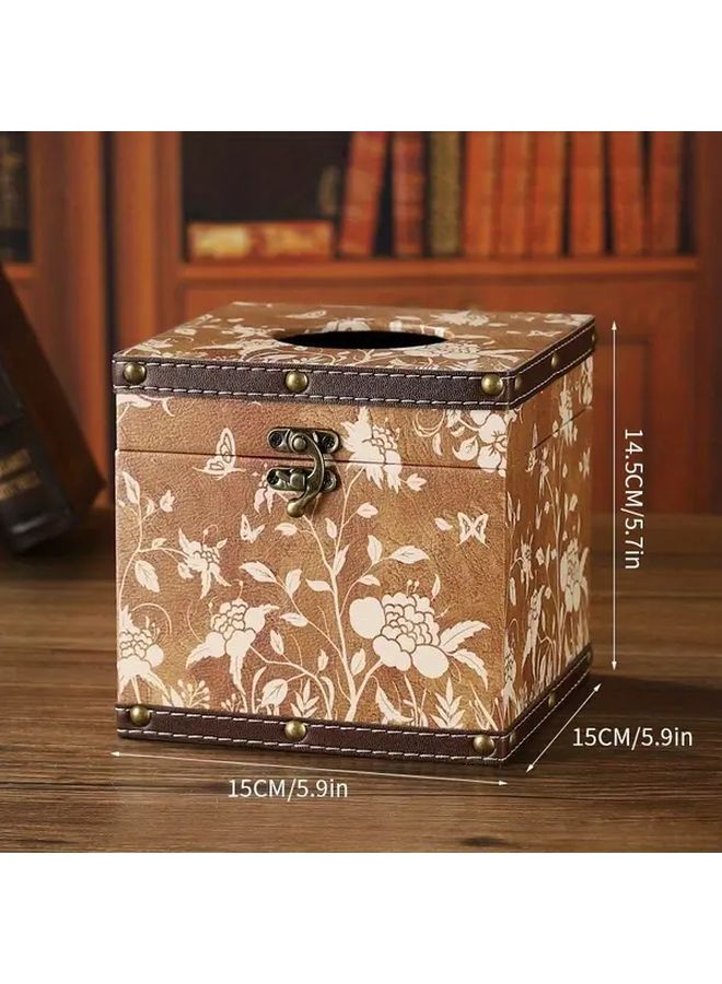 صندوق المناديل الفاخر المربعي العتيق بتصميم رقصة الفراشات والزهور والأشكال الهندسية الخشبية لتزيين المنزل - Image 1