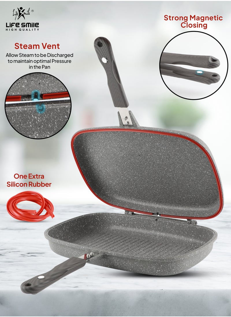 Life Smile - LIFE SMILE 32 cm Smart Double Grill Pan - 5 Layer Granite Non-Stick Coating With Magnetic Handle - Flipping Grill Frying Pan | Multiple Hob Compatibility (Black) - Image 1