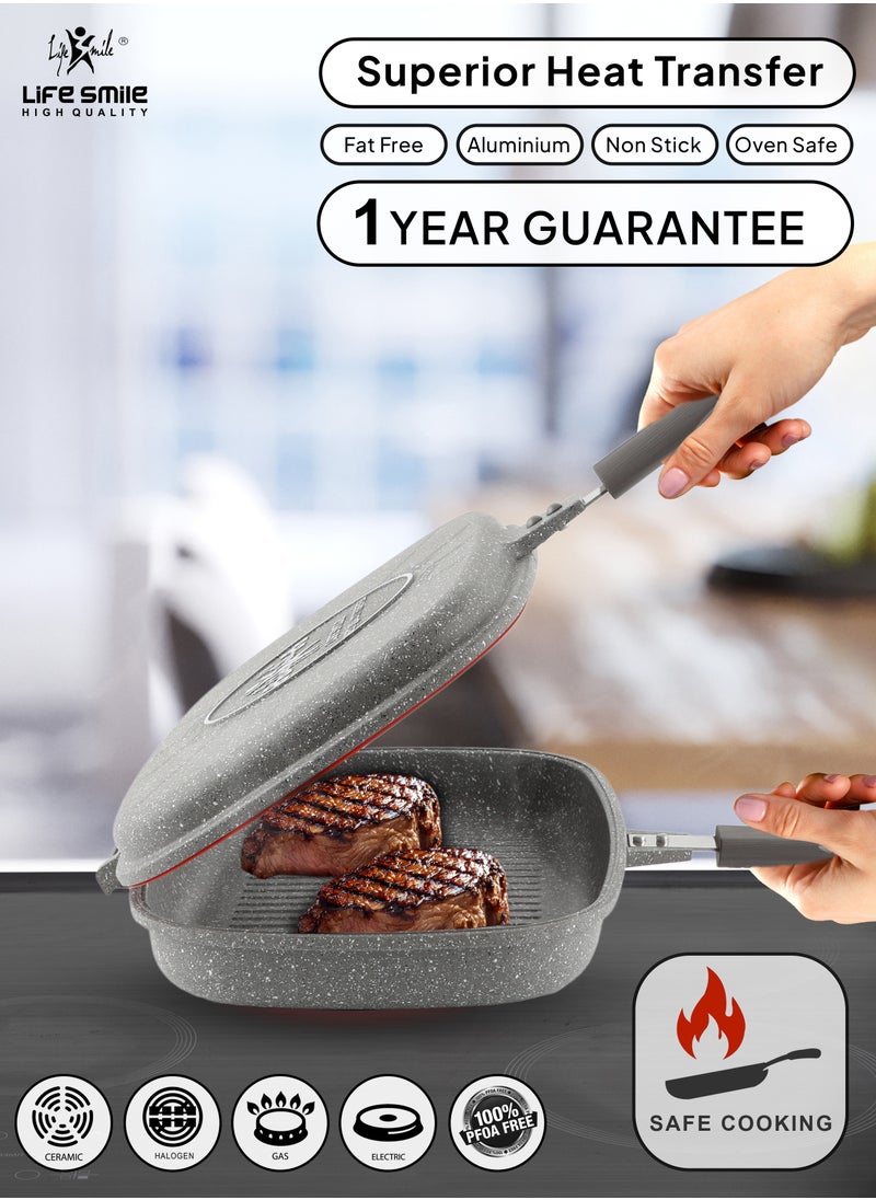Life Smile - LIFE SMILE 32 cm Smart Double Grill Pan - 5 Layer Granite Non-Stick Coating With Magnetic Handle - Flipping Grill Frying Pan | Multiple Hob Compatibility (Black) - Image 1