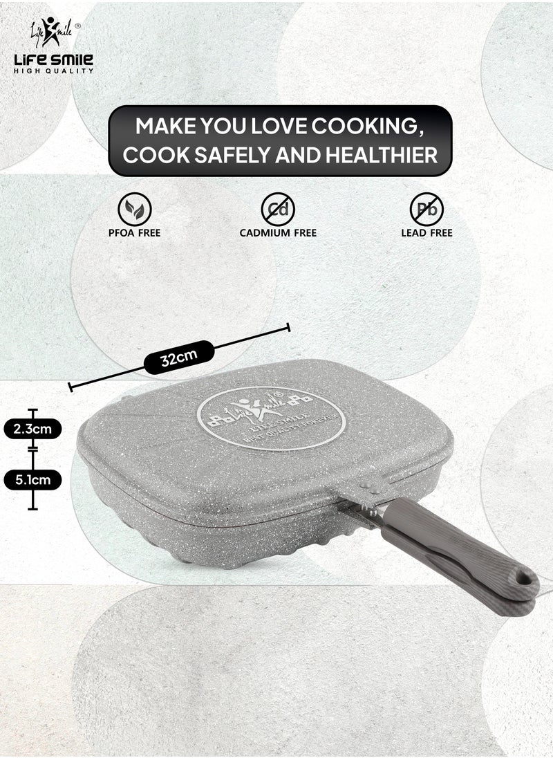 Life Smile - LIFE SMILE 32 cm Smart Double Grill Pan - 5 Layer Granite Non-Stick Coating With Magnetic Handle - Flipping Grill Frying Pan | Multiple Hob Compatibility (Black) - Image 1