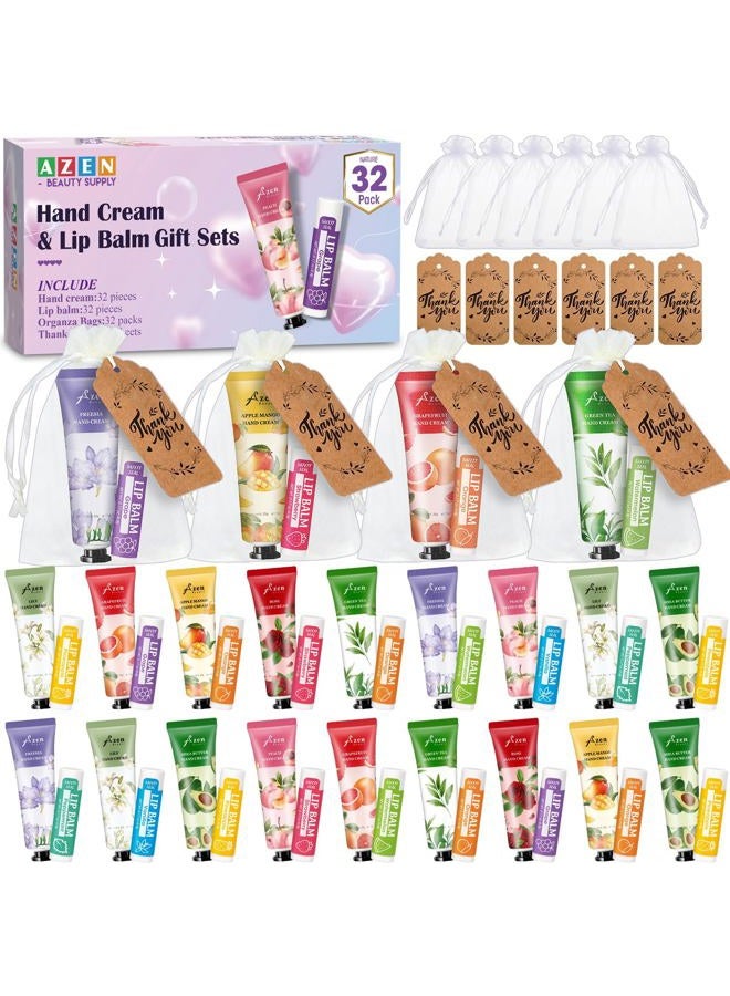 AZEN 32 Sets Bulk Gifts, Hand Cream and Lip Balm Bulk Set with Organza Bag Thank You Card, Baby Shower Wedding Gifts for Guests, Bridal Wedding Favors for Guests,Thank You Gifts for Women - Image 1