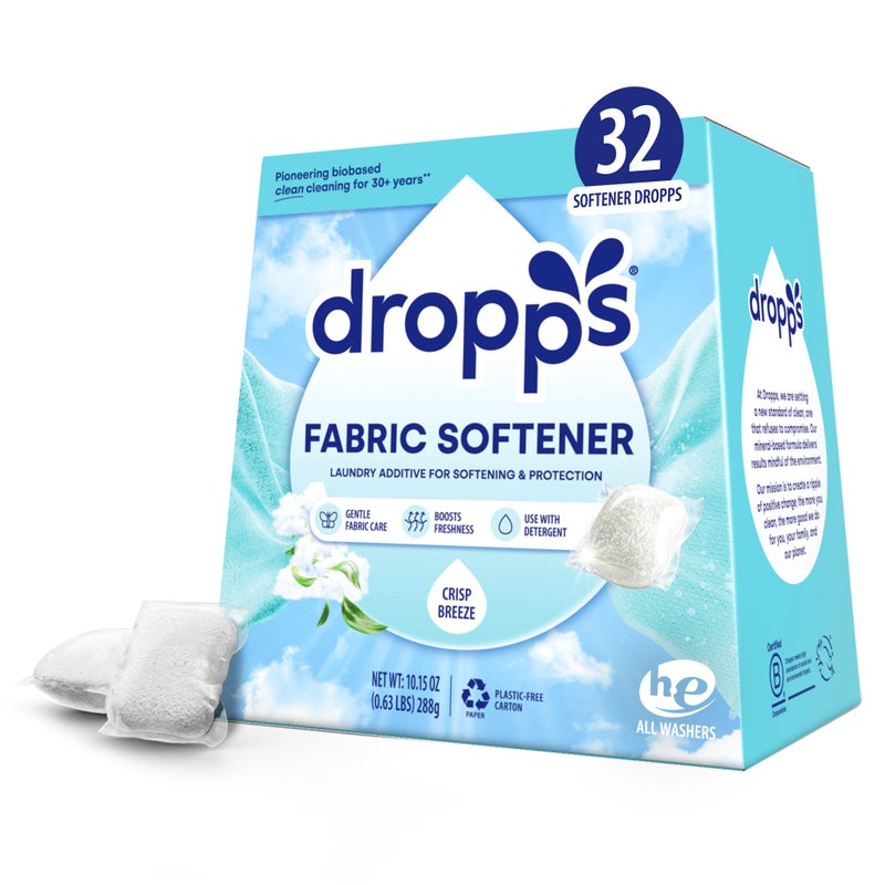 dropps كبسولات منعم الأقمشة من دروبس برائحة النسيم المنعش 32 كبسولة مضافة لغسيل الأقمشة للحماية والتنعيم متوافقة مع الغسالات عالية الكفاءة مكونات معدنية أساسها