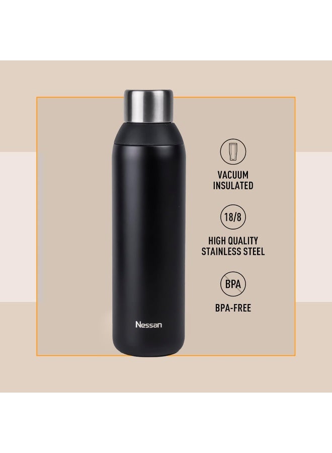 Nessan Double Wall Insulated Stainless Steel Vacuum Bottle, 603Ml - Your Reliable Travel Flask For Hot And Cold Beverages - Black - Image 3