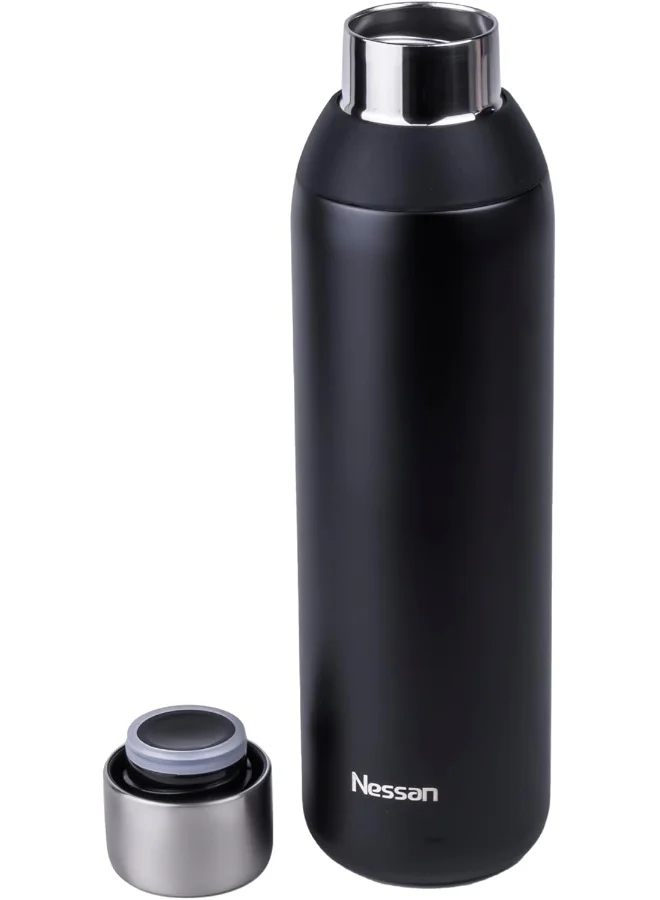 Nessan Double Wall Insulated Stainless Steel Vacuum Bottle, 603Ml - Your Reliable Travel Flask For Hot And Cold Beverages - Black
