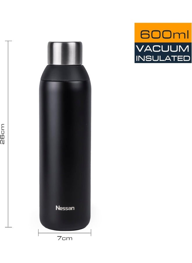 Nessan Double Wall Insulated Stainless Steel Vacuum Bottle, 603Ml - Your Reliable Travel Flask For Hot And Cold Beverages - Black - Image 1