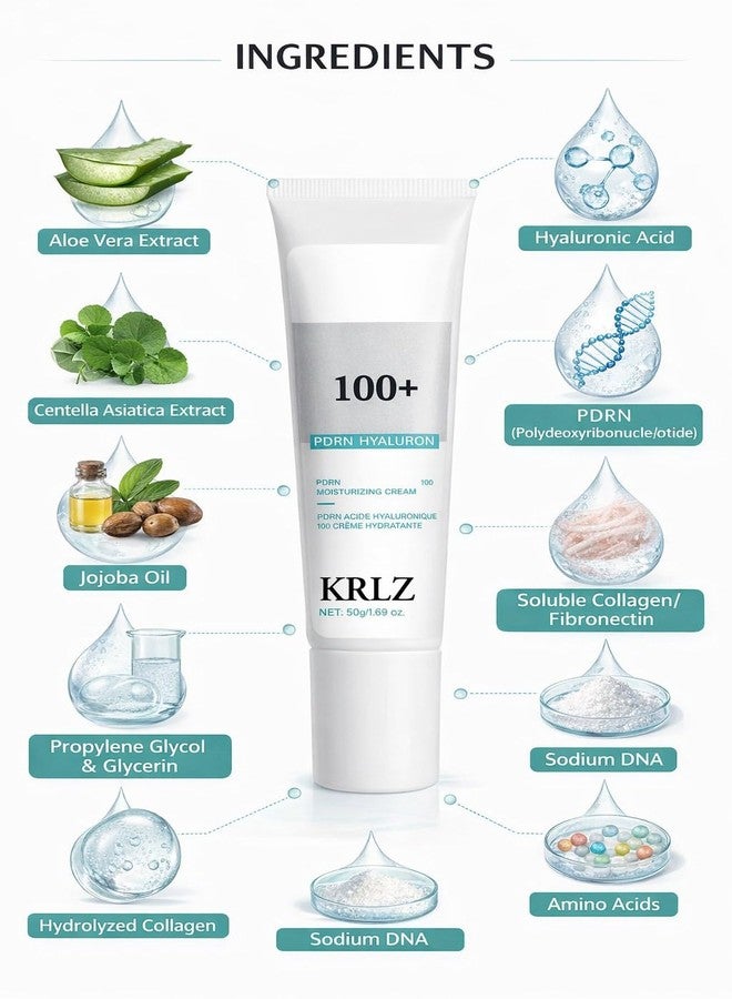 KRLZ PDRN Hyaluronic Acid Moisturizing Cream, Repairing Face Moisturizer with Salmon DNA & NAD+ Hydrolyzed Collagen for Skin Firmness and Radiance, Brightening Nicotinamide - Image 3