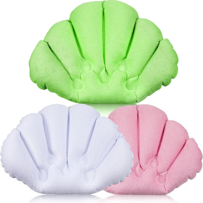 Jetec Jetec 3 Pieces Inflatable Bath Pillow with Suction Cups, Terry Cloth Covered Shell Shape Bathtub Spa Pillow Comfortable Soft Cushion, Neck Support(Pink, Green, White) 