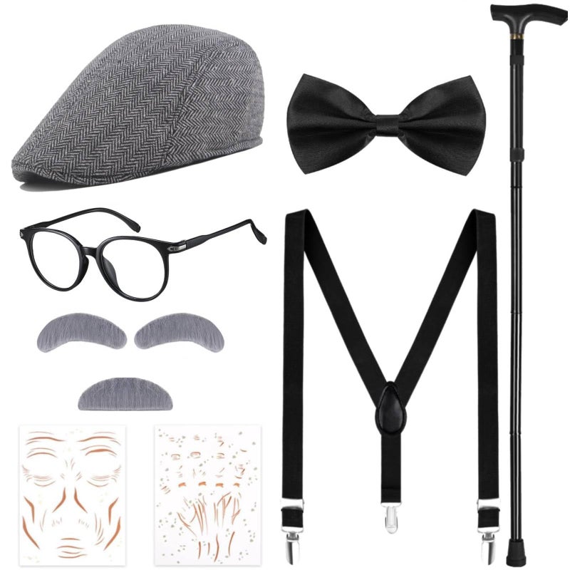 JcHrmers 100 Days of School Costume Old Man Costume Grandpa Hat Glasses Moustache Eyebrows Cane Bow Tie Back Elastic Suspender Set (Light Gray Hat) - Image 1