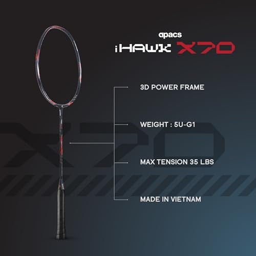 Apacs iHawk X70 (Unstrung) Full Graphite Ultra Strong Carbon Fibre (75-79g) | 35 LBS Max Tension | 3D Power Frame | Made in Vietnam Badminton Racket with Full Cover (Black) (All Rounder) - Image 3
