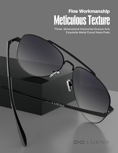 LUENX Aviator Sunglasses for Mens Womens Polarized Driving Eyewear Gradient Black Lens Metal Black Frame 60mm UV400 Protection Classic Style - Image 3