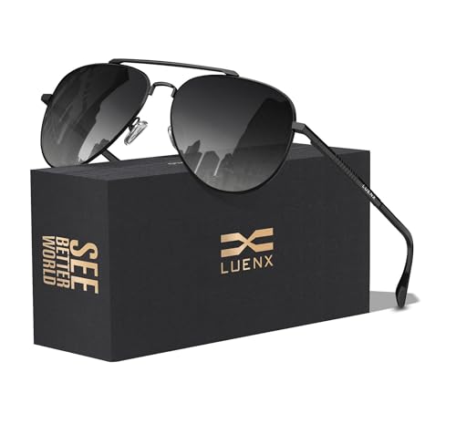 LUENX Aviator Sunglasses for Mens Womens Polarized Driving Eyewear Gradient Black Lens Metal Black Frame 60mm UV400 Protection Classic Style - Image 1