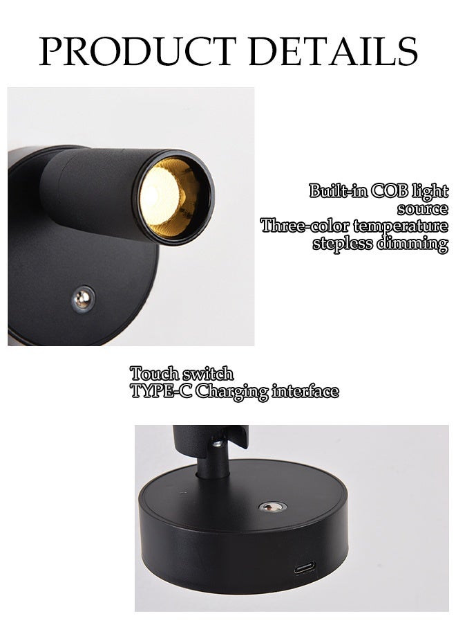 DUNISO Wall Lights with magnet，Stepless dimming， 2000mAh Battery Operated，360°Rotation Touch Control，Lamps for Kids Study Bedside Closet，Wall Mounted Lamp with USB Port(Black) - Image 3