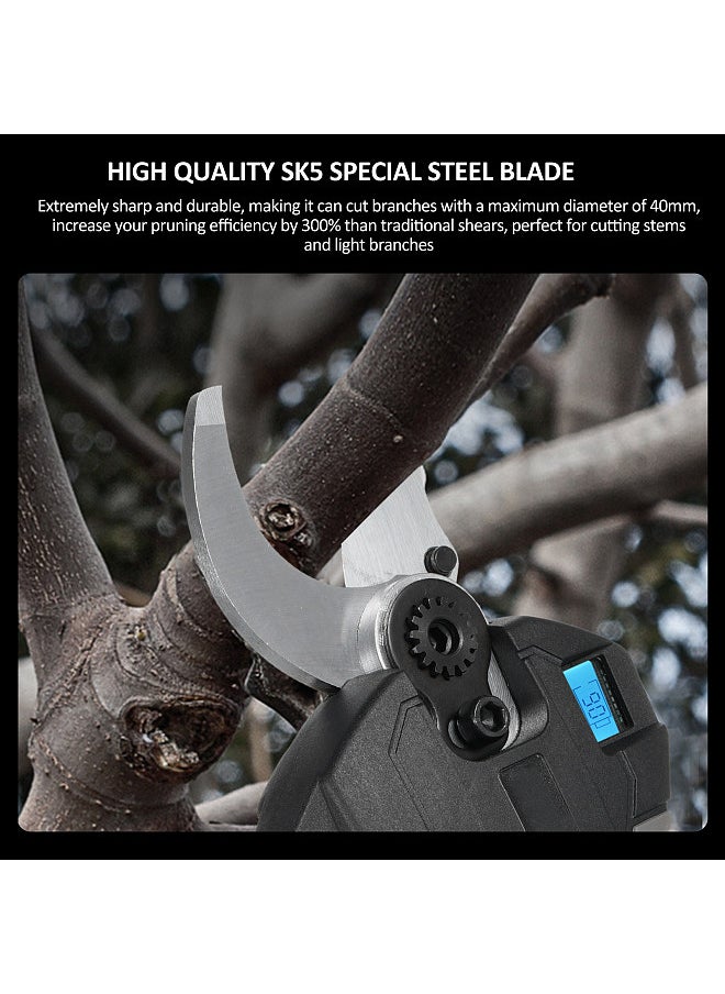 Electric Pruning Shears Cordless Electric Pruning Battery Powered Tree Branch Pruner with Brushless Motor 21V Lithium Battery 30mm-40mm Inch Cutting Diameter LCD Display Screen