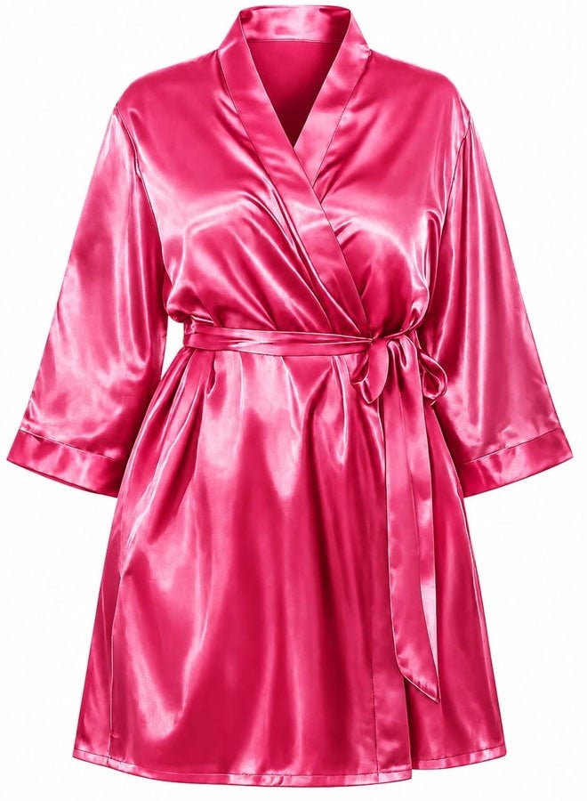 MARGOUN Women's XL/2XL Size Pure Short Satin Robes Bridesmaid and Bride Silky Robes Sleepwear Soft Dressing Gown Bride Pajamas Morning Robe Mid-Length Nightdress Baby Pink - Image 3