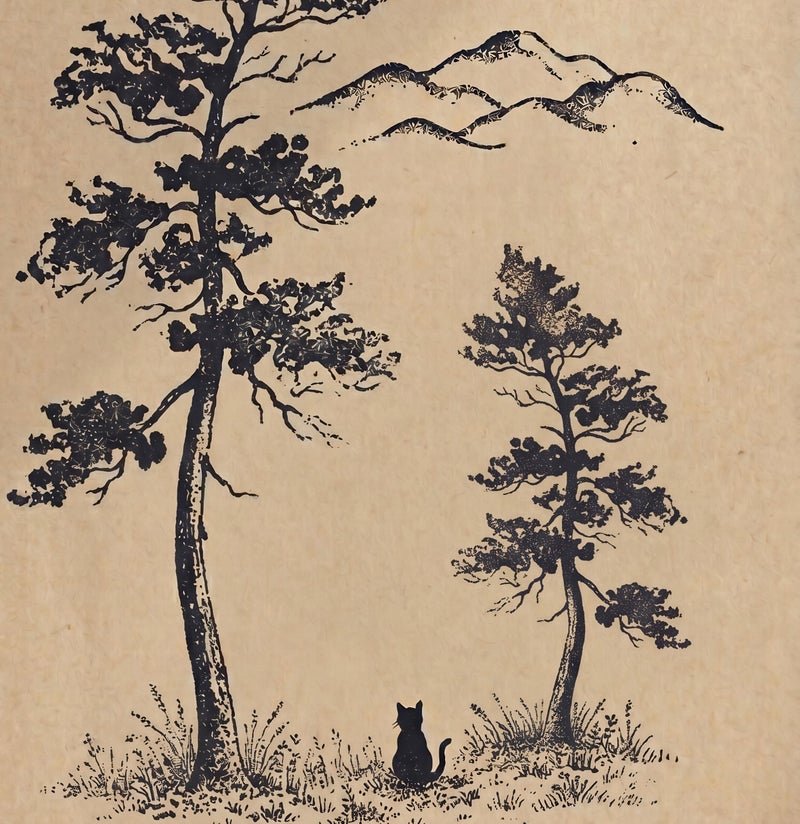 TNESSENTIAL Minimalist Pine Tree Print – Black Cat Forest Wall Art, Rustic Mountain Landscape Drawing, Neutral Cabin Decor, Wanderlust Cat Poster - Image 2