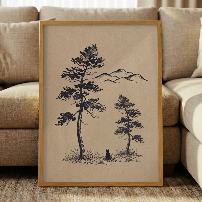 TNESSENTIAL Minimalist Pine Tree Print – Black Cat Forest Wall Art, Rustic Mountain Landscape Drawing, Neutral Cabin Decor, Wanderlust Cat Poster - Image 1