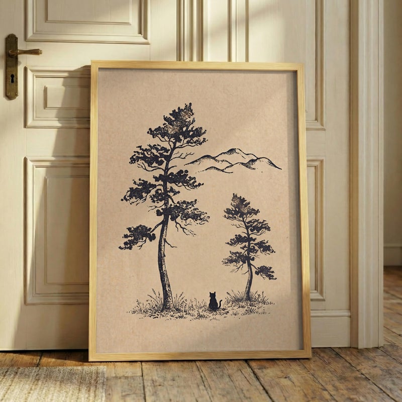 TNESSENTIAL Minimalist Pine Tree Print – Black Cat Forest Wall Art, Rustic Mountain Landscape Drawing, Neutral Cabin Decor, Wanderlust Cat Poster - Image 5