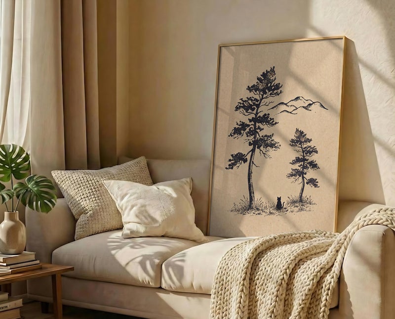 TNESSENTIAL Minimalist Pine Tree Print – Black Cat Forest Wall Art, Rustic Mountain Landscape Drawing, Neutral Cabin Decor, Wanderlust Cat Poster - Image 3