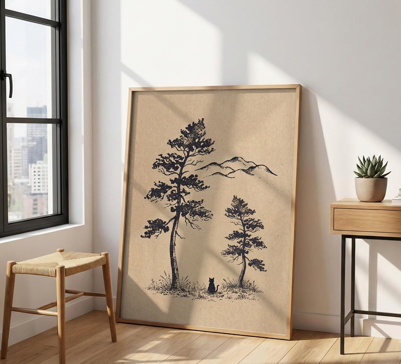 TNESSENTIAL Minimalist Pine Tree Print – Black Cat Forest Wall Art, Rustic Mountain Landscape Drawing, Neutral Cabin Decor, Wanderlust Cat Poster - Image 4