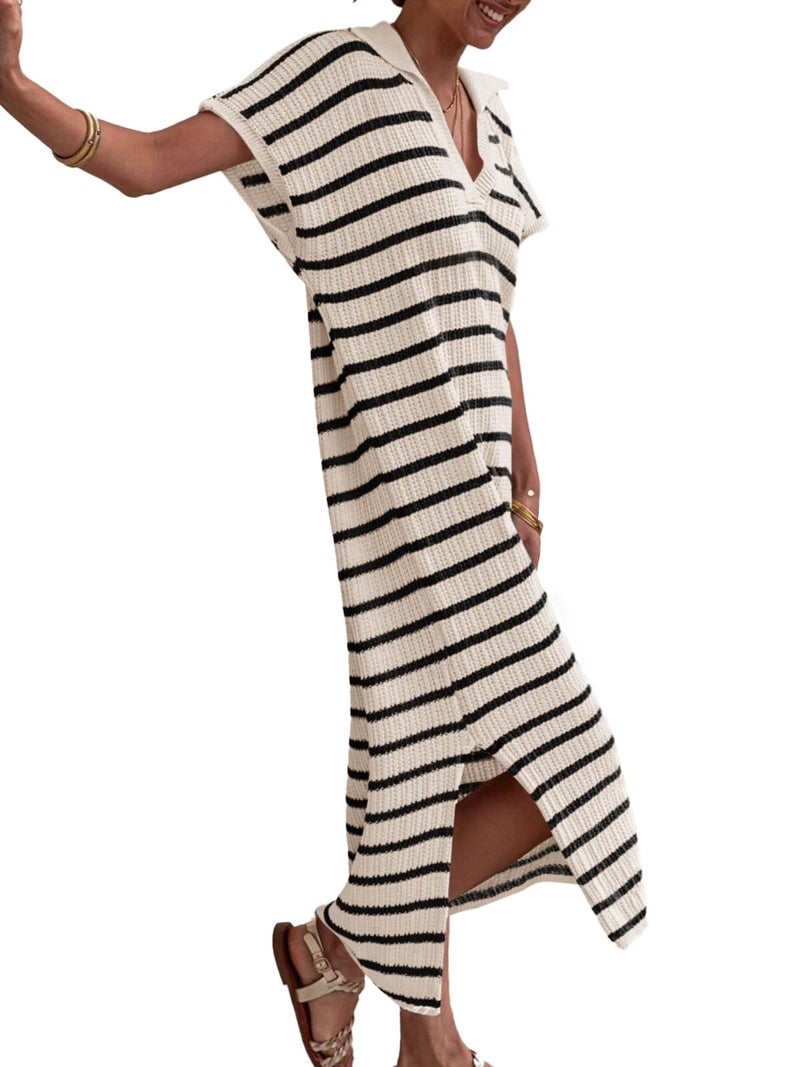 Saodimallsu Womens Striped Summer Dresses Short Sleeve V Neck Knit Collared Sexy Slit Loose Maxi Sweater Dress Beige - Image 2