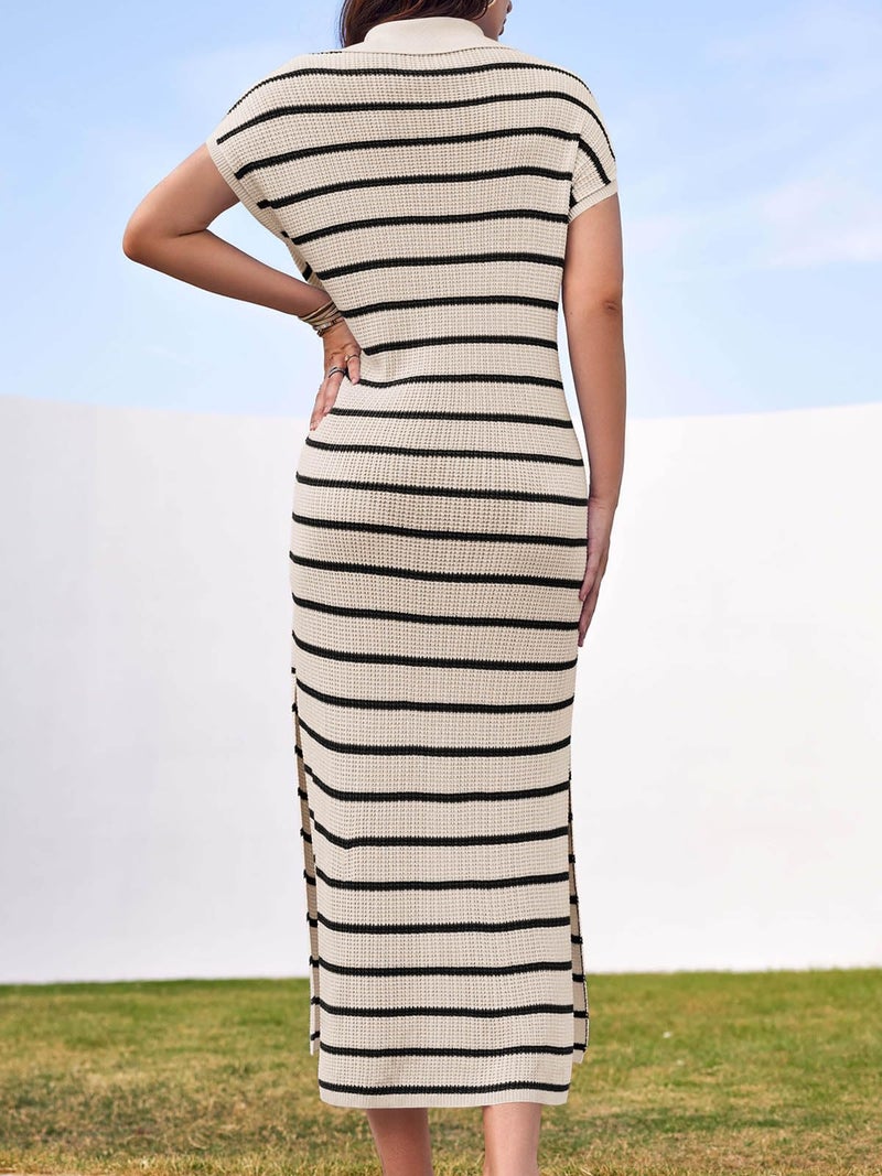 Saodimallsu Womens Striped Summer Dresses Short Sleeve V Neck Knit Collared Sexy Slit Loose Maxi Sweater Dress Beige - Image 4