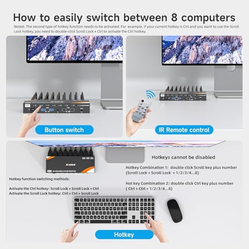 KCEVE HDMI KVM Switch 8 Computers 1 Monitor, 8 Ports USB 3.0 KVM Switcher Support 4K@60Hz for 8 PC Share Keyboard and Mouse, Support Hotkey Switching Way - Image 4