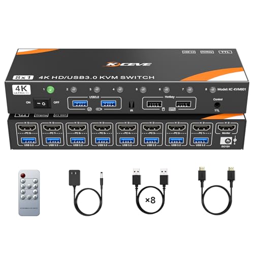 KCEVE HDMI KVM Switch 8 Computers 1 Monitor, 8 Ports USB 3.0 KVM Switcher Support 4K@60Hz for 8 PC Share Keyboard and Mouse, Support Hotkey Switching Way - Image 1