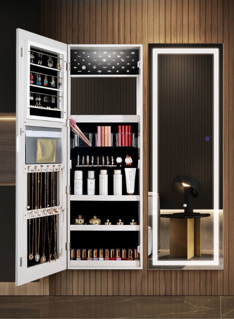 GoldenLike  خزانة مجوهرات بمرآة، مرآة حائط LED قائمة بذاتها مع خزانة تخزين مجوهرات، خزانة مجوهرات بمرآة قابلة للقفل، صندوق تخزين منظم للمجوهرات بمرآة مكياج - Image 2