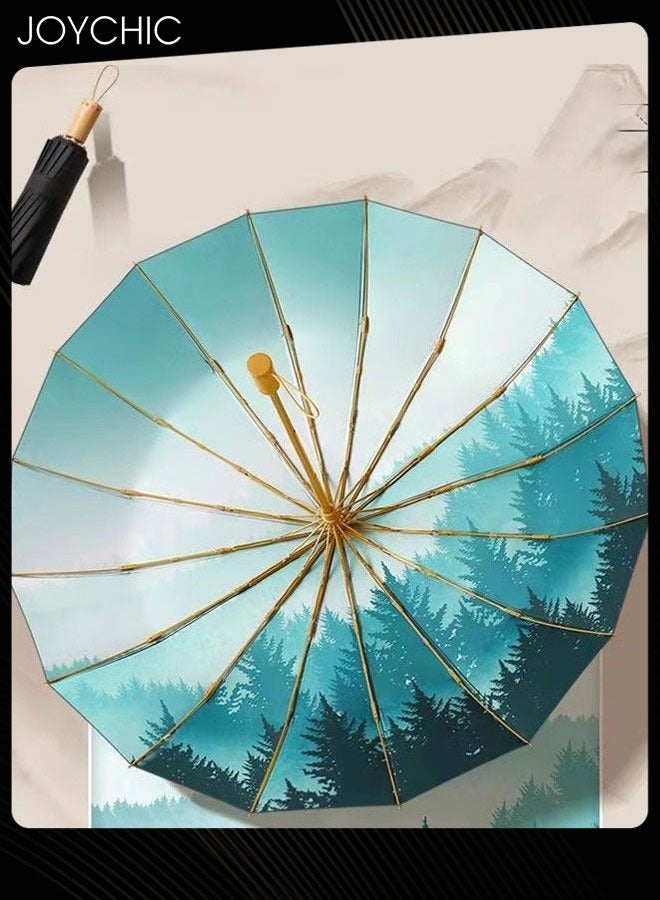 Joychic Retro Fashion Strong 16 Ribs UV Protection Sun Umbrella Black/Green  - Image 2