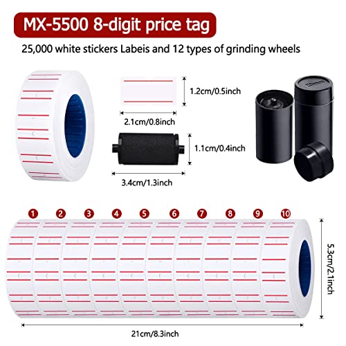 M&C Music Color MX-5500 8 Digits Price tag Gun with 5000 Sticker Labels and 3 Ink Refill, Label Maker Pricing Gun Kit Numerical Tag Gun for Office, Retail Shop, Grocery Store (50 Rolls + 12 Refill Ink) - Image 2