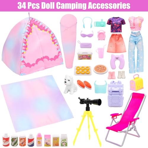 HONLAELLA 34 Pcs Doll Travel Camping Tent Playset for 115 Inch Girl Dolls Includes Clothes Tent Telescope Backpack Sleeping Bag Other Camping Accessories for Dolls Travel Camping Toy SetNO Doll - Image 5