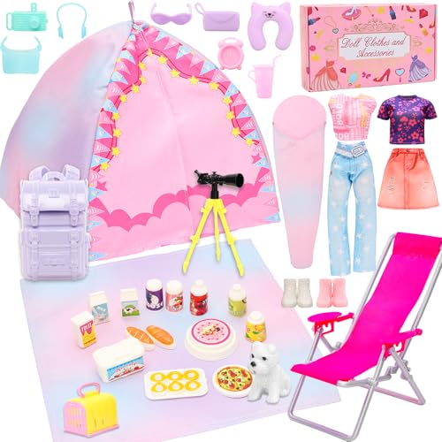 HONLAELLA 34 Pcs Doll Travel Camping Tent Playset for 115 Inch Girl Dolls Includes Clothes Tent Telescope Backpack Sleeping Bag Other Camping Accessories for Dolls Travel Camping Toy SetNO Doll - Image 1