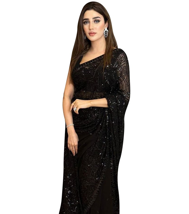 TRENDMALLS ساري نسائي من جورجيت مع تطريز تسلسلي مع قطعة بلوزة (1009-أسود-) - Image 1