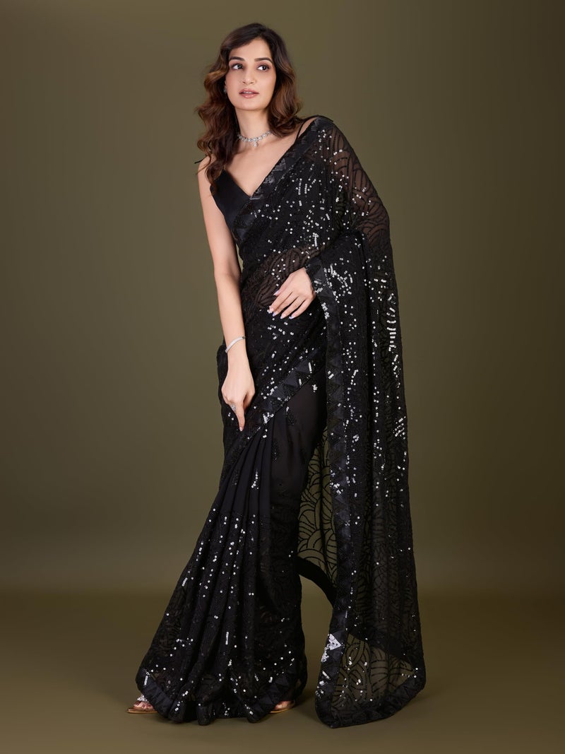 TRENDMALLS ساري نسائي من جورجيت مع تطريز تسلسلي مع قطعة بلوزة (1009-أسود-) - Image 3